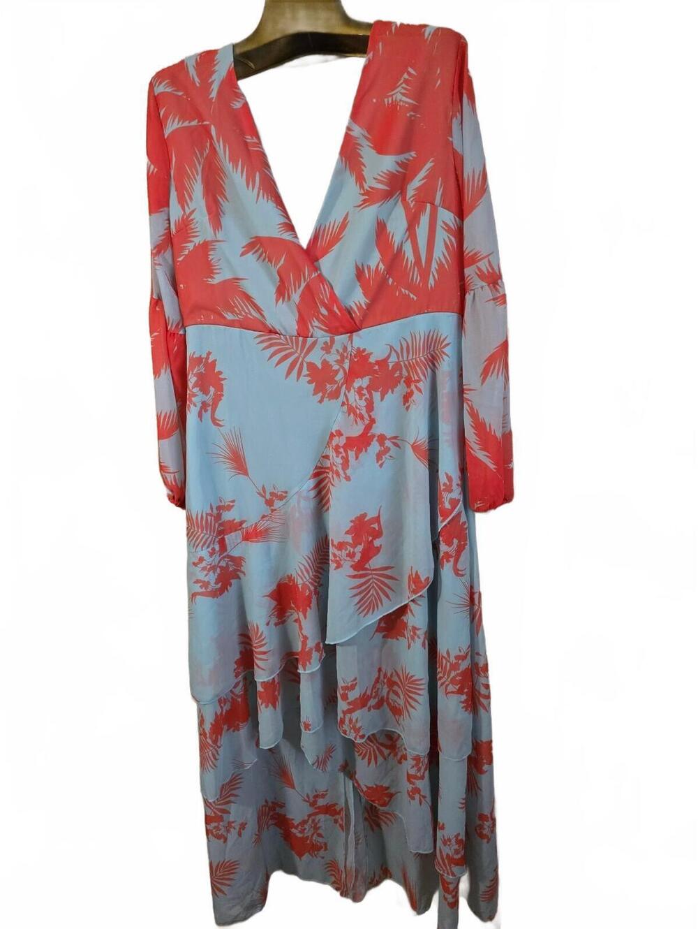 Long Sleeve Tropical Print Maxi Dress with Ruffle Detail, Size XL
